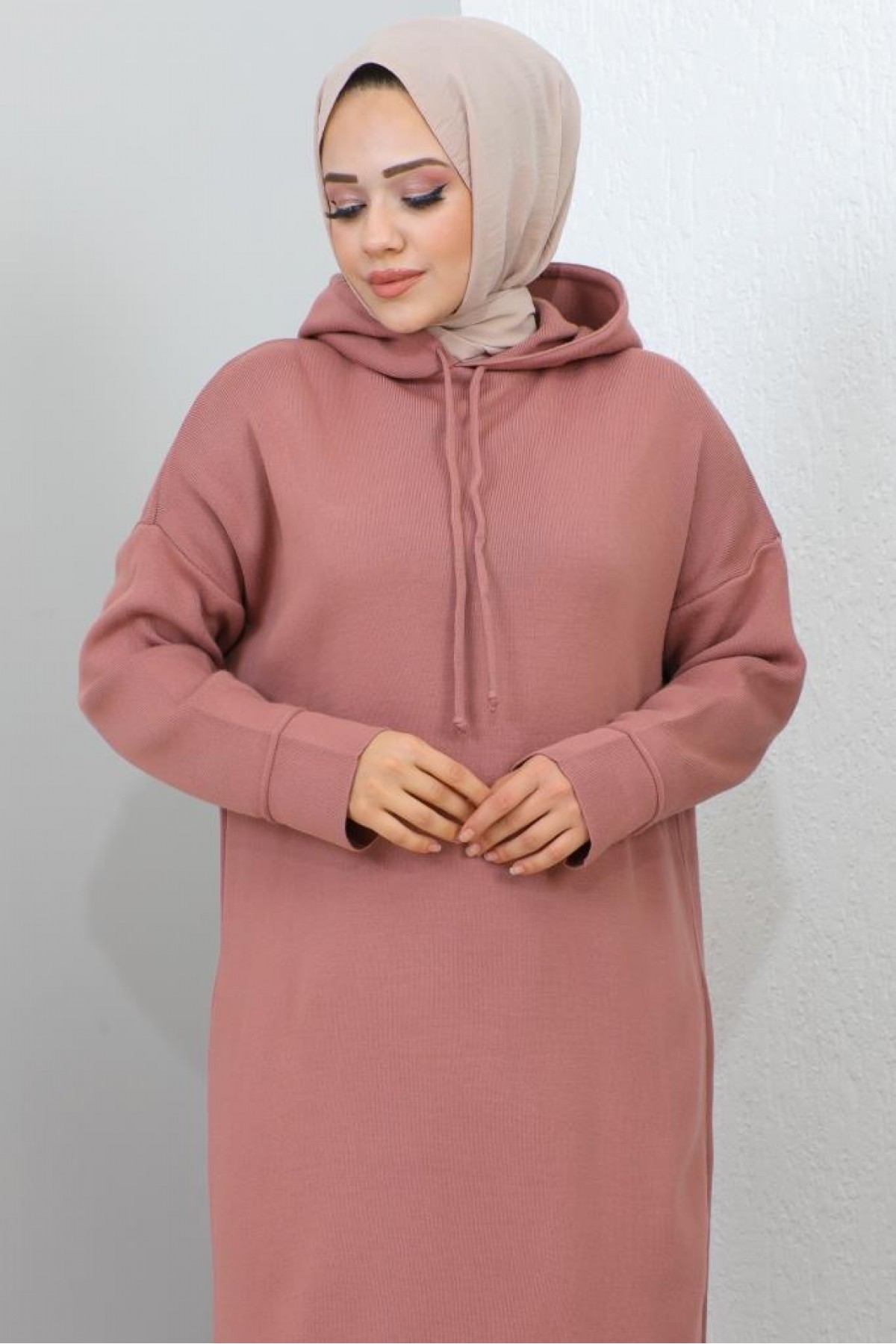  Kapüşonlu Triko Elbise Gül Kurusu 2442