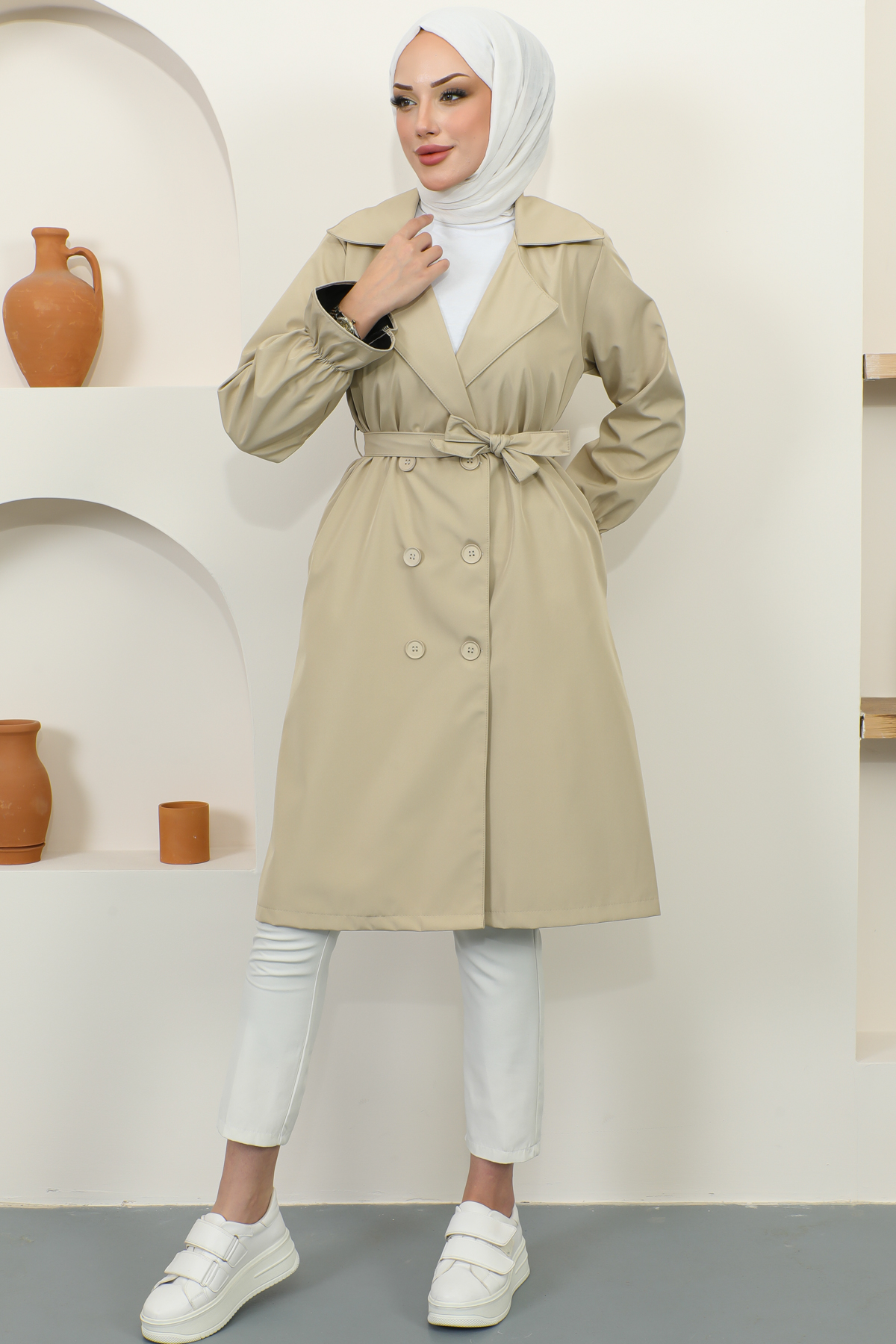 Kolu Lastikli Trençkot Krem 8441 Kolu Lastikli Trençkot Krem 8441