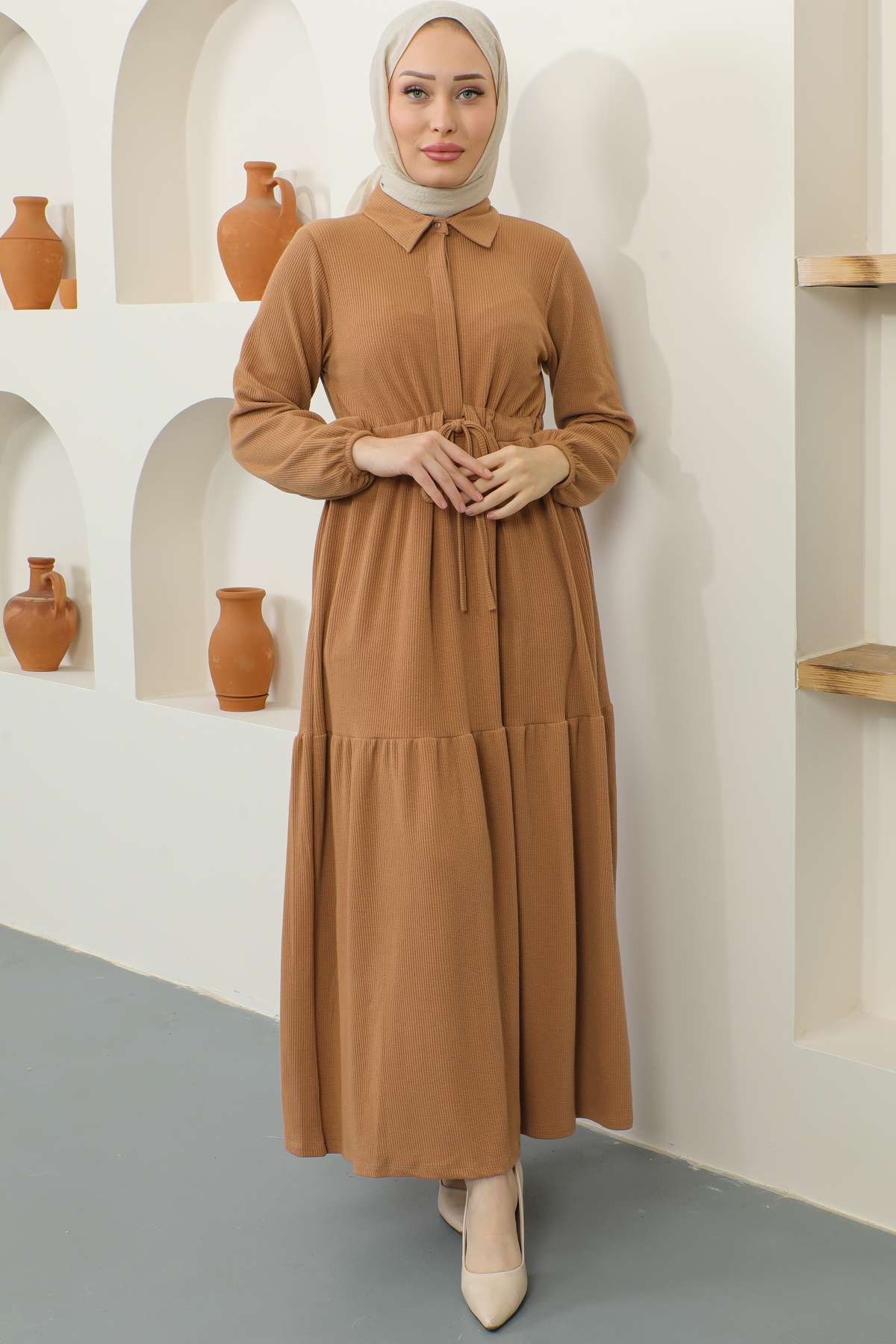 Fitilli Burgu Tünelli Elbise Camel 2322 Fitilli Burgu Tünelli Elbise Camel 2322