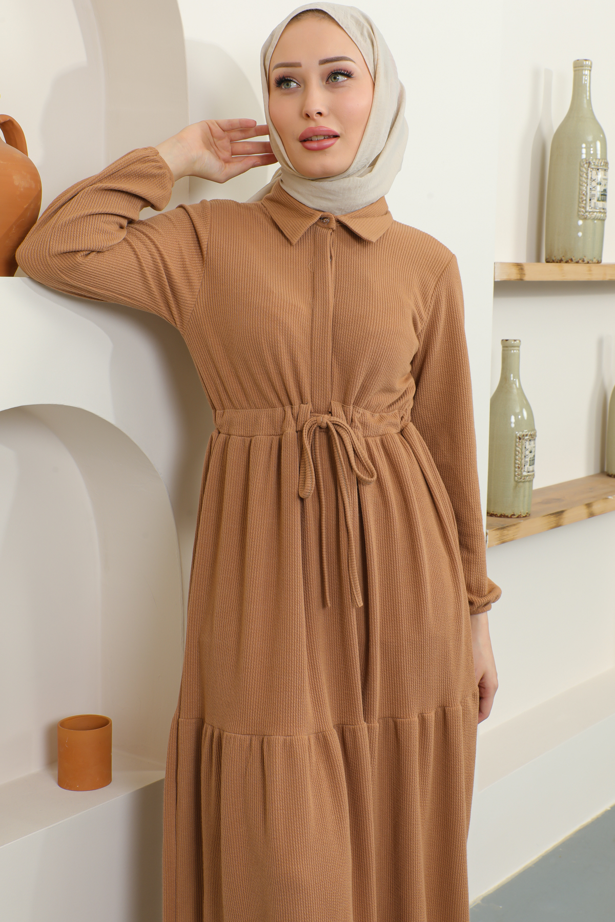 Fitilli Burgu Tünelli Elbise Camel 2322 Fitilli Burgu Tünelli Elbise Camel 2322