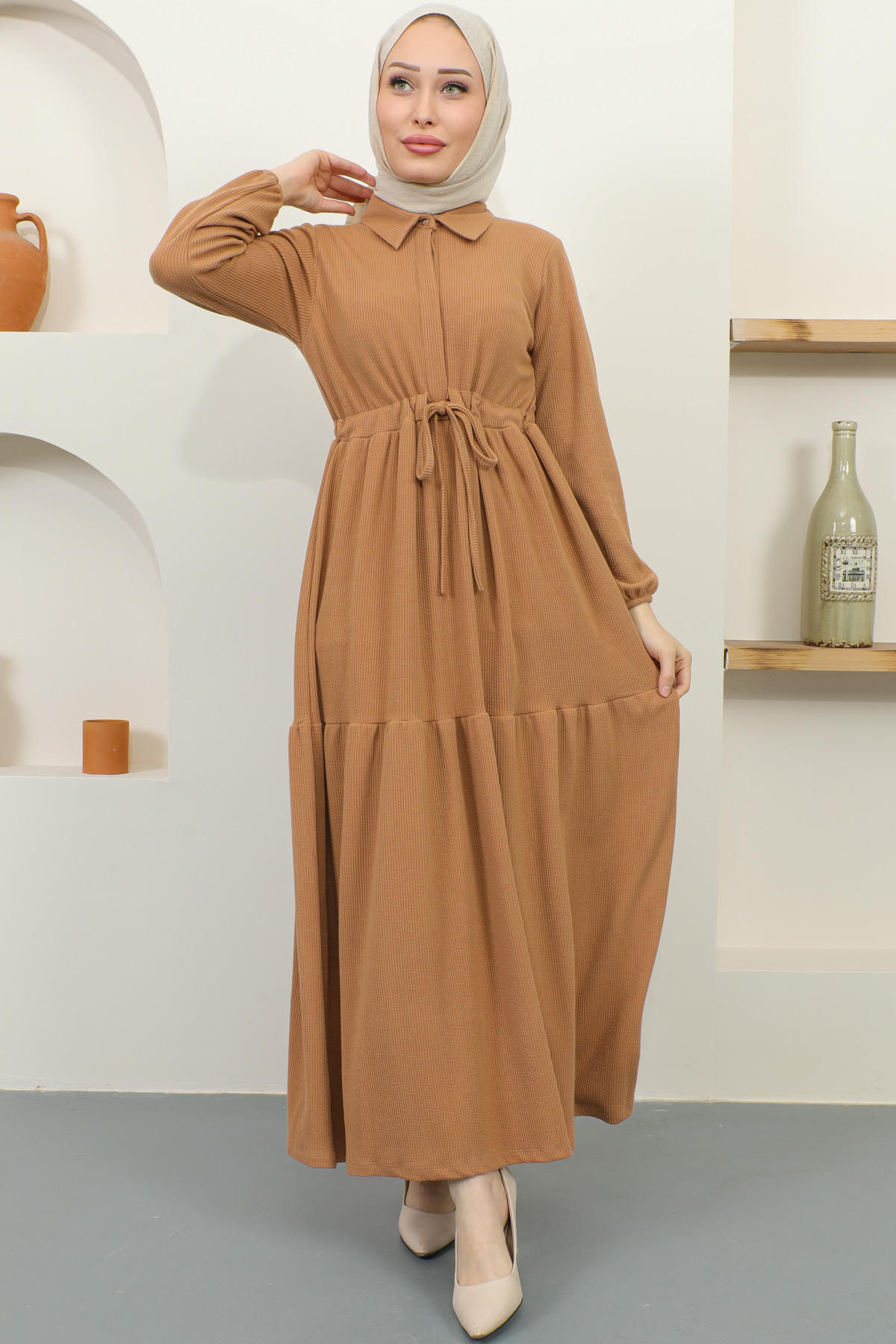 Fitilli Burgu Tünelli Elbise Camel 2322 Fitilli Burgu Tünelli Elbise Camel 2322
