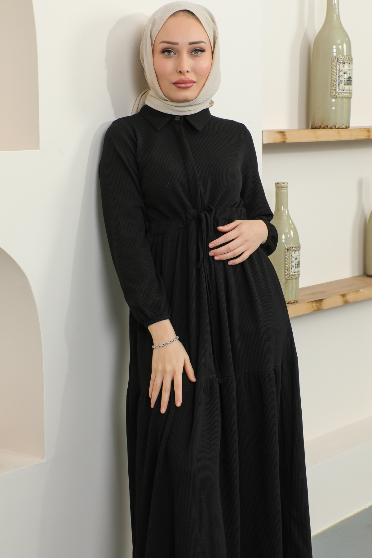  Fitilli Burgu Tünelli Elbise Siyah 2322