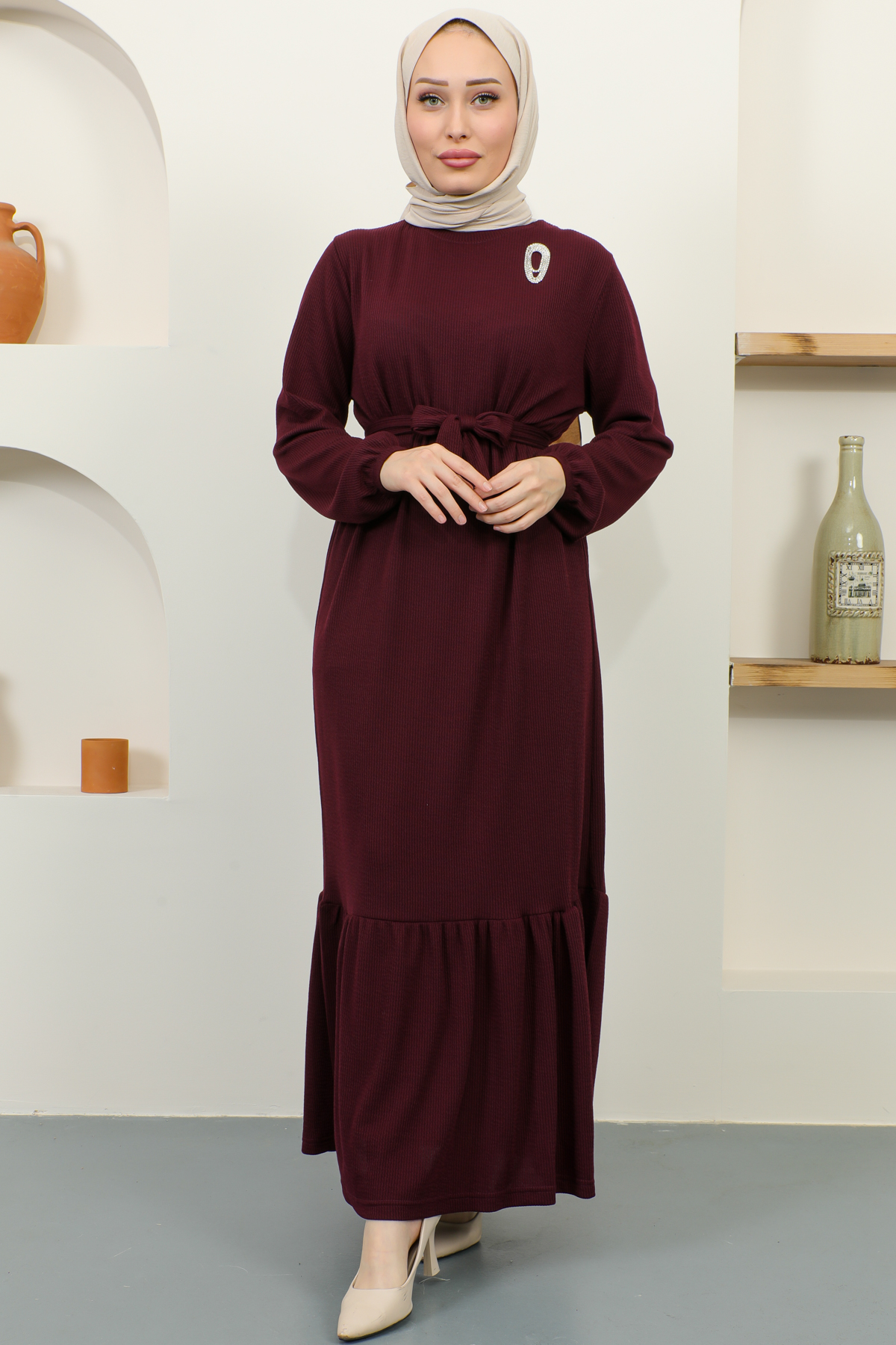 Burgu Broşlu Elbise Bordo 2218 Burgu Broşlu Elbise Bordo 2218