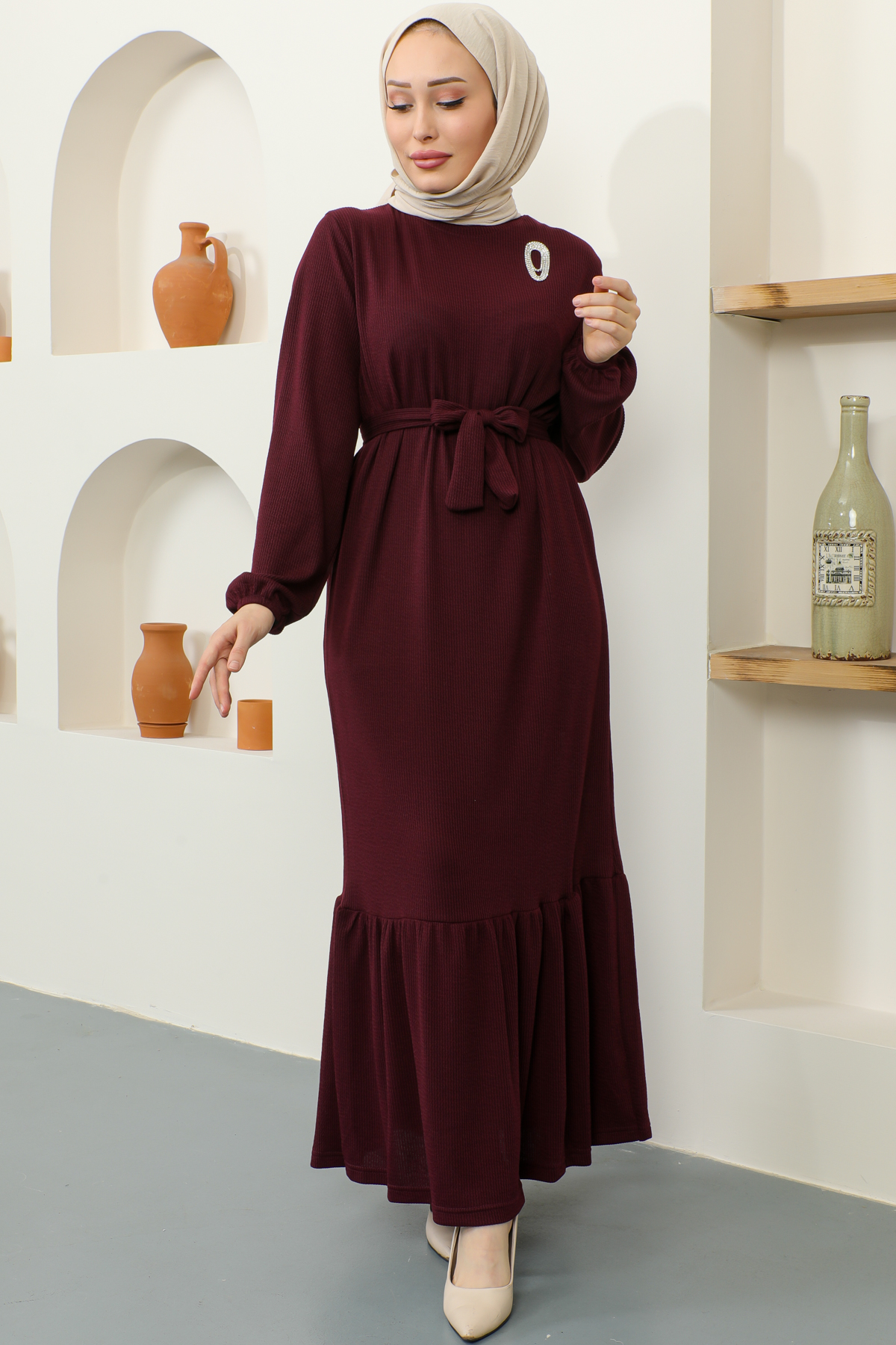 Burgu Broşlu Elbise Bordo 2218 Burgu Broşlu Elbise Bordo 2218