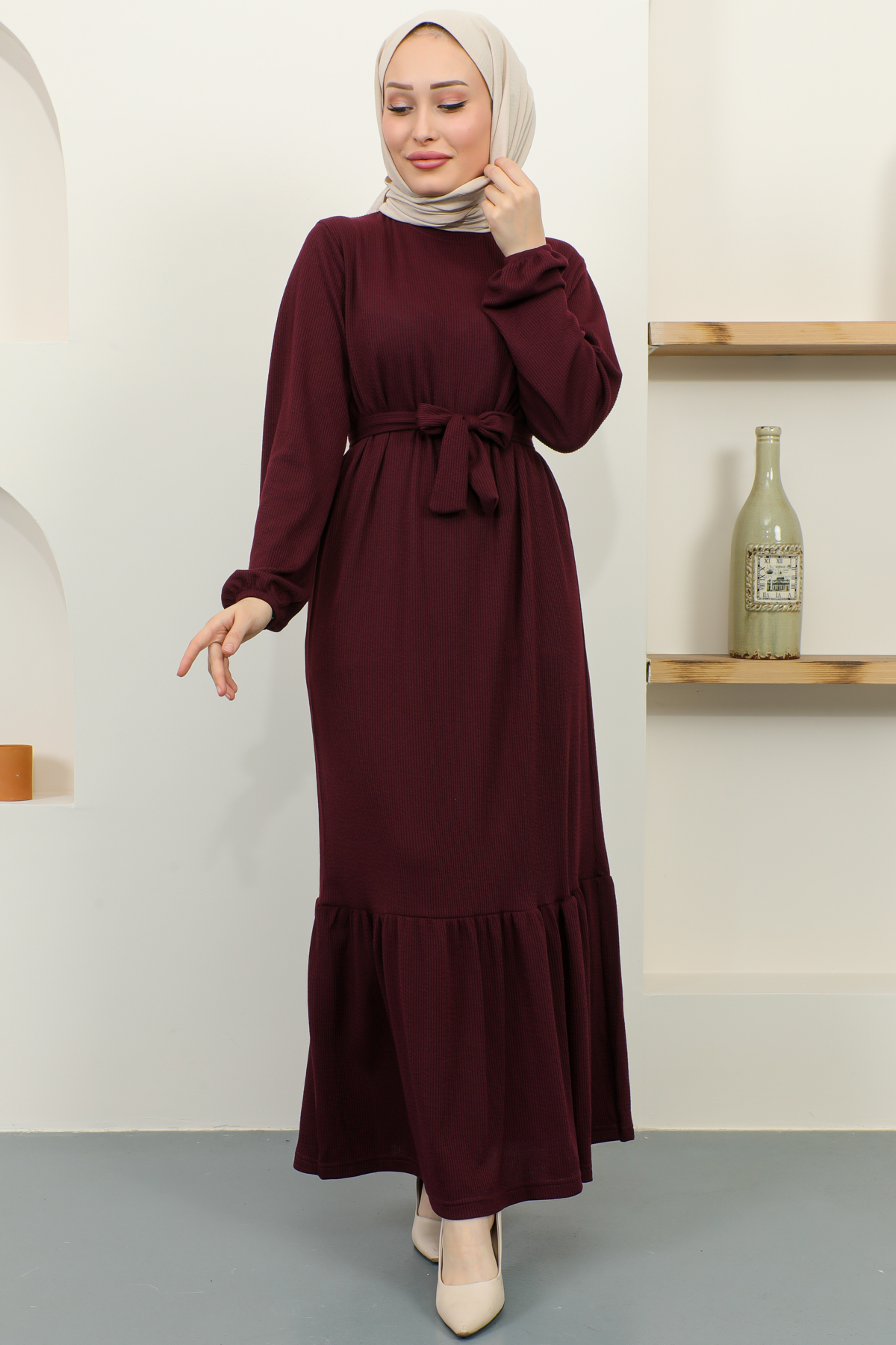 Burgu Broşlu Elbise Bordo 2218 Burgu Broşlu Elbise Bordo 2218