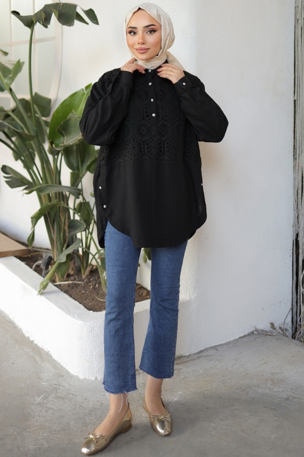 Desenli İnci Düğmeli Gömlek Siyah 61640 Desenli İnci Düğmeli Gömlek Siyah 61640