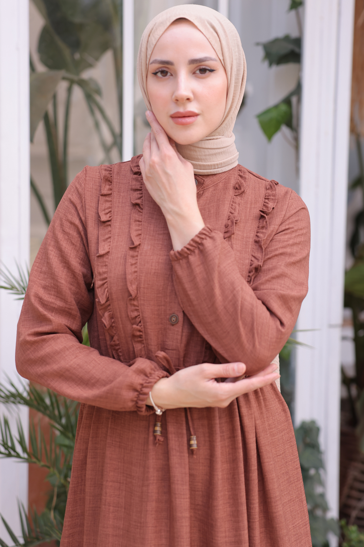  Fırfırlı Elbise Taba 6814