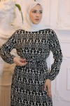  Beli Lastikli Desenli Elbise Siyah 3947