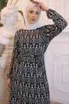  Beli Lastikli Desenli Elbise Siyah 3947