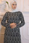  Beli Lastikli Desenli Elbise Siyah 3947