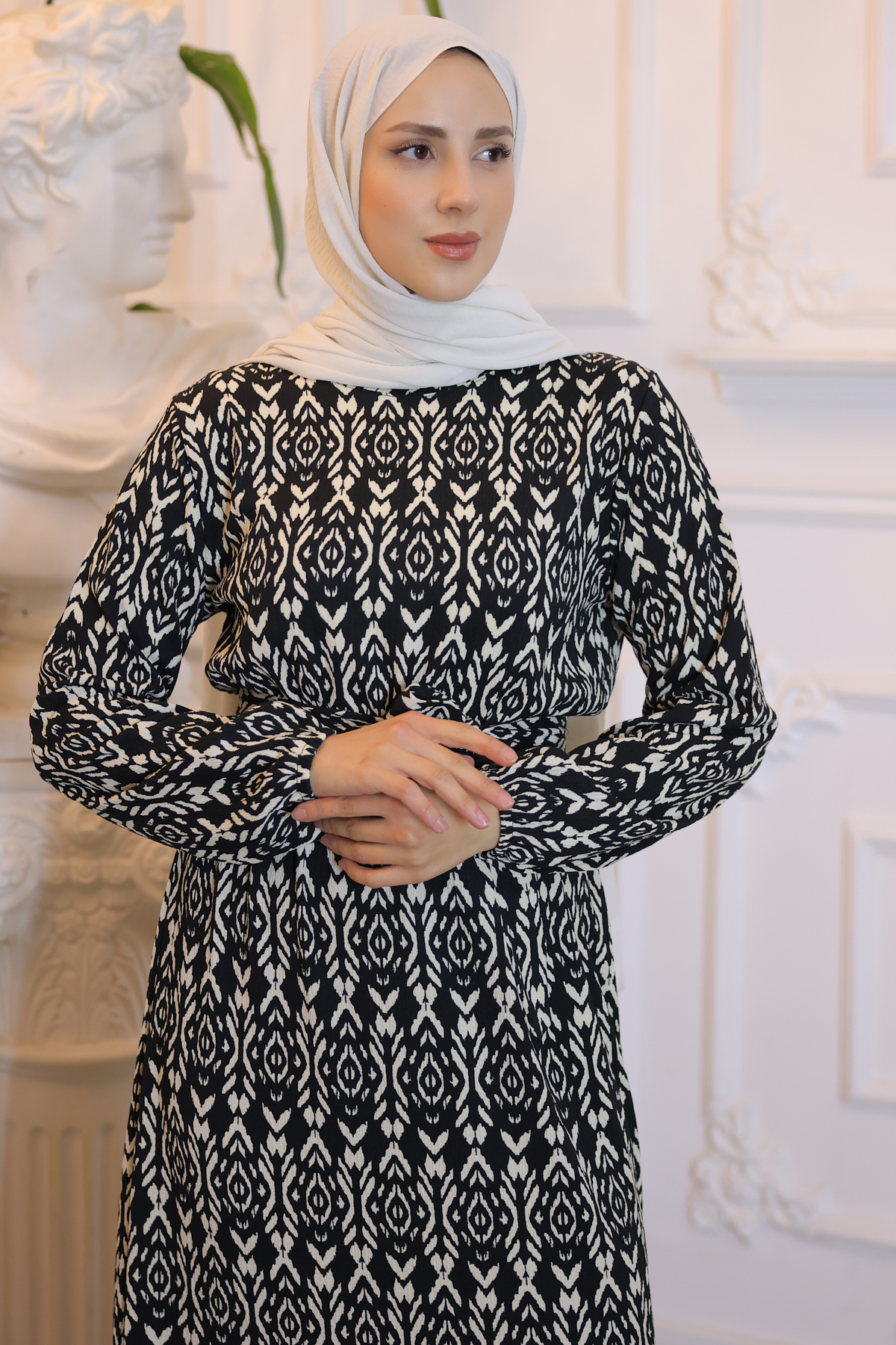  Beli Lastikli Desenli Elbise Siyah 3947