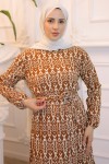 Beli Lastikli Desenli Elbise Taba 3947 Beli Lastikli Desenli Elbise Taba 3947