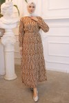 Beli Lastikli Desenli Elbise Taba 3947 Beli Lastikli Desenli Elbise Taba 3947
