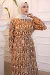 Beli Lastikli Desenli Elbise Taba 3947 Beli Lastikli Desenli Elbise Taba 3947