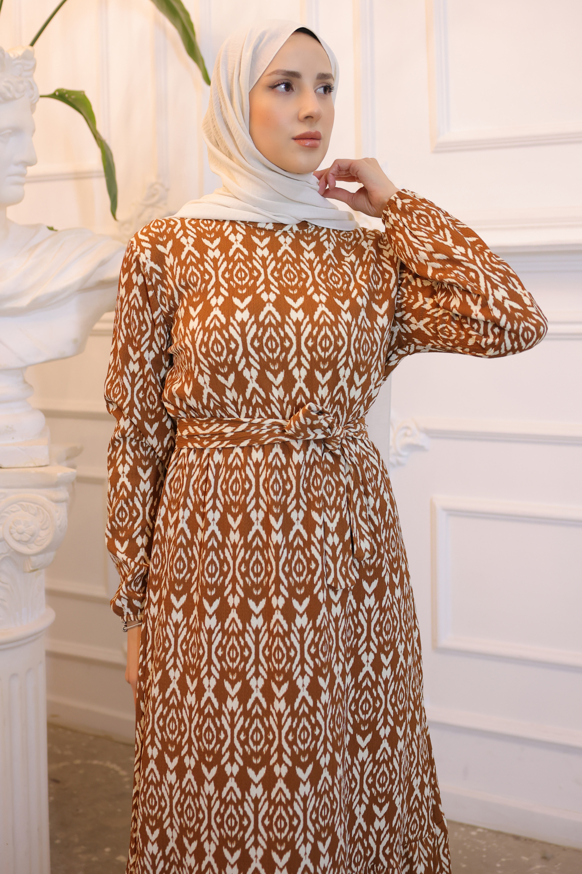 Beli Lastikli Desenli Elbise Taba 3947 Beli Lastikli Desenli Elbise Taba 3947