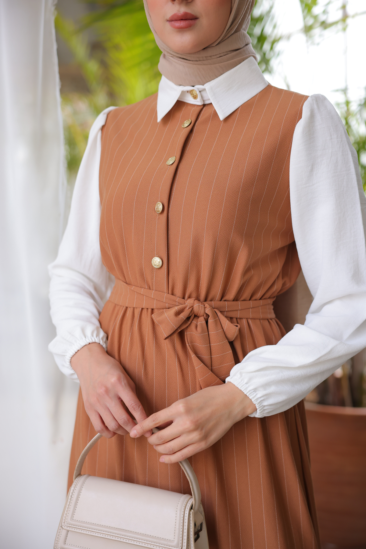 Çizgi Detaylı Yakalı Elbise Camel 3906 Çizgi Detaylı Yakalı Elbise Camel 3906