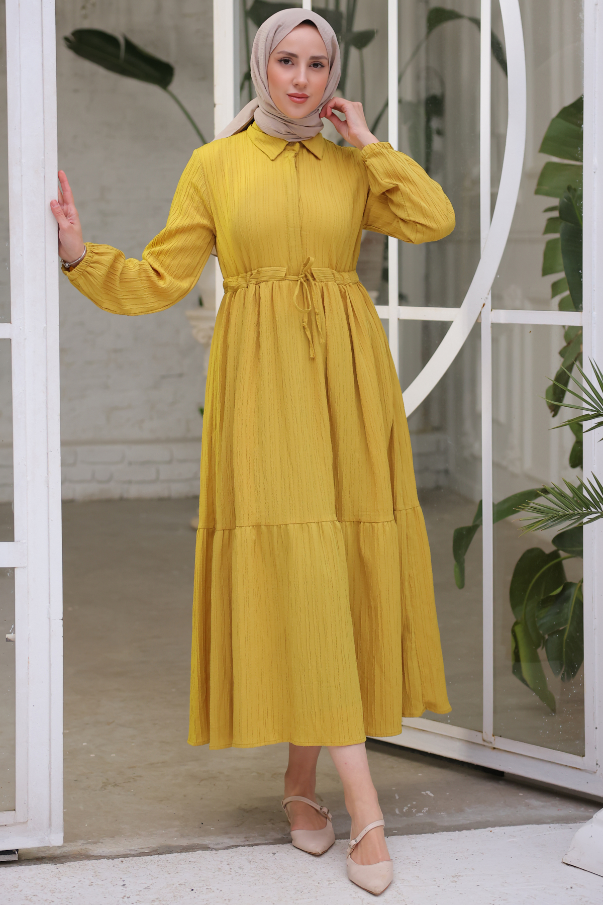 Beli Bağlamalı Büzgülü Elbise Hardal 61609 Beli Bağlamalı Büzgülü Elbise Hardal 61609