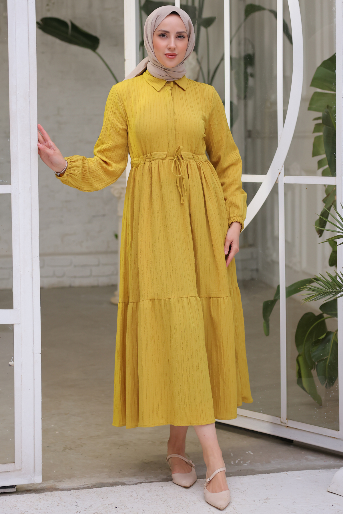 Beli Bağlamalı Büzgülü Elbise Hardal 61609 Beli Bağlamalı Büzgülü Elbise Hardal 61609