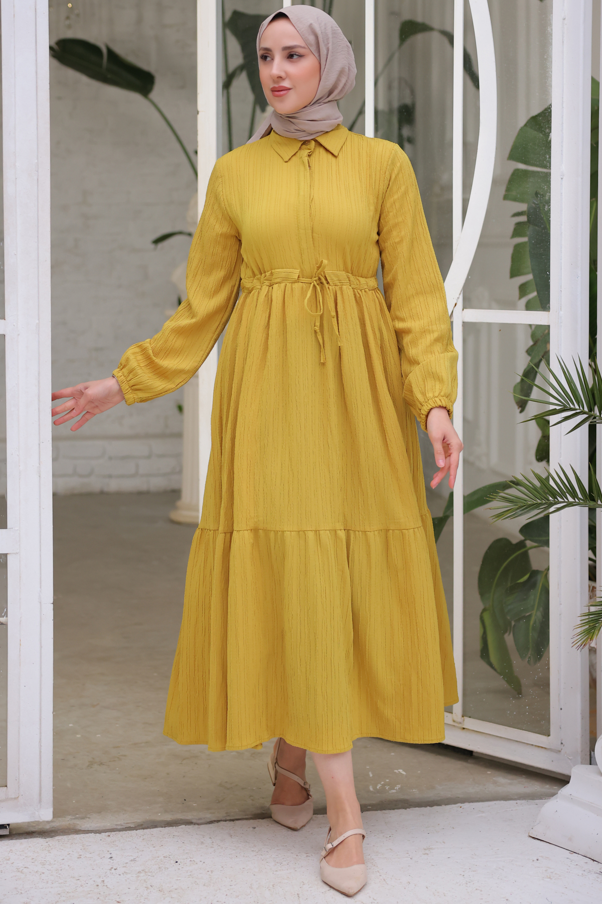 Beli Bağlamalı Büzgülü Elbise Hardal 61609 Beli Bağlamalı Büzgülü Elbise Hardal 61609