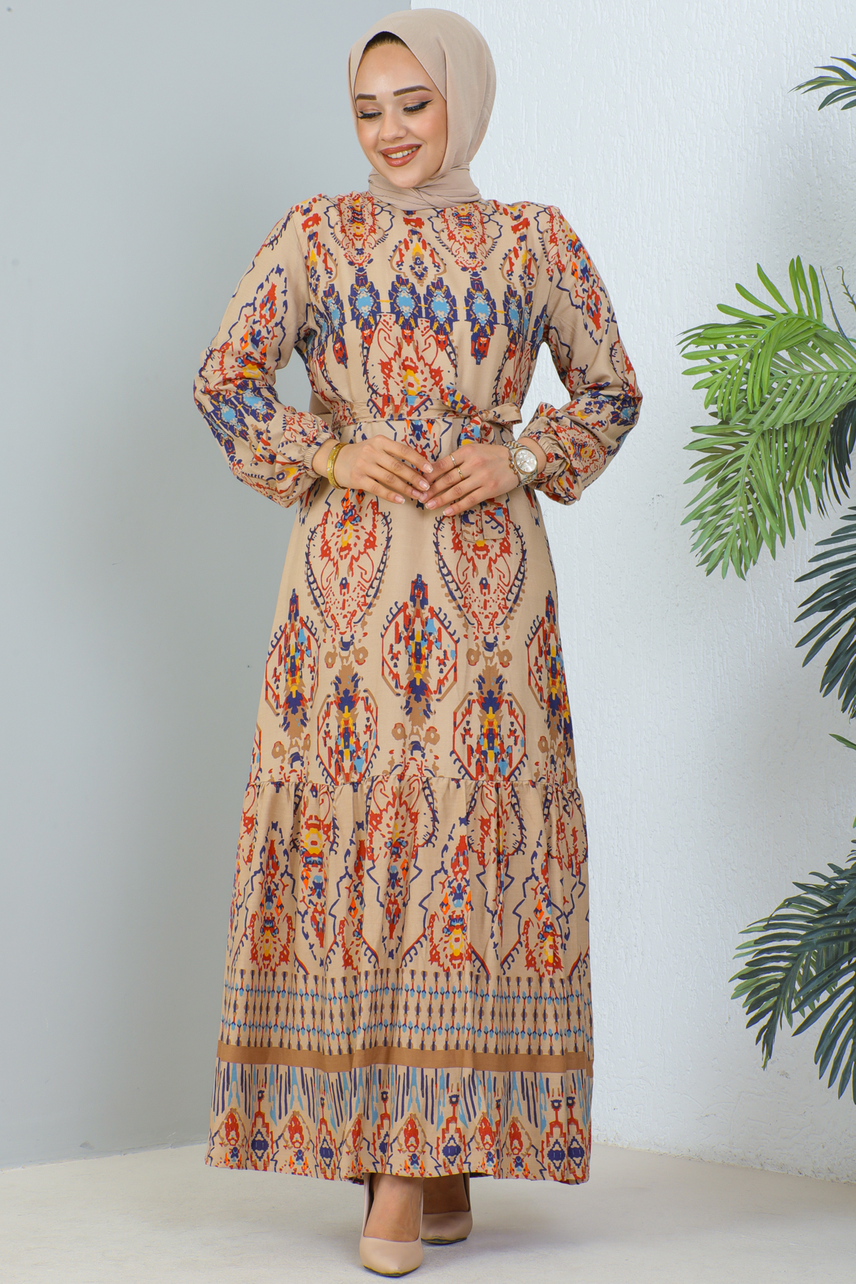 Desenli Elbise Bej 12009 Desenli Elbise Bej 12009