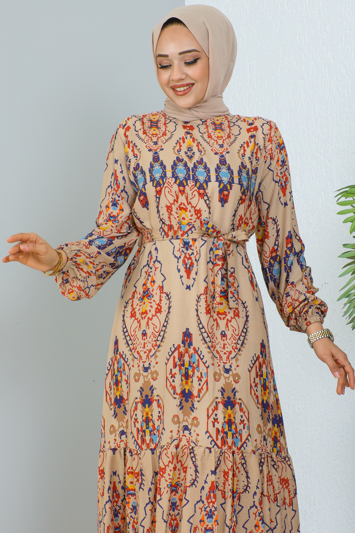 Desenli Elbise Bej 12009 Desenli Elbise Bej 12009