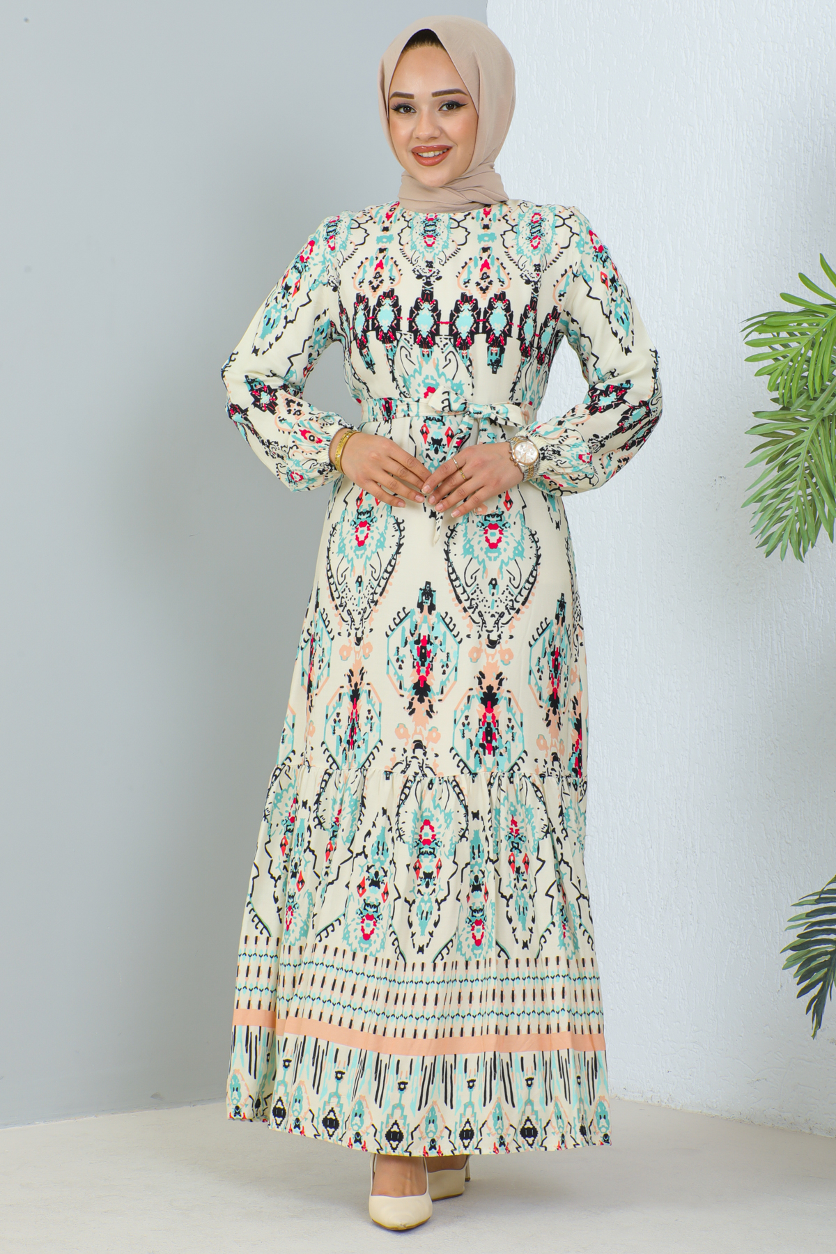 Desenli Elbise Ekru 12009 Desenli Elbise Ekru 12009