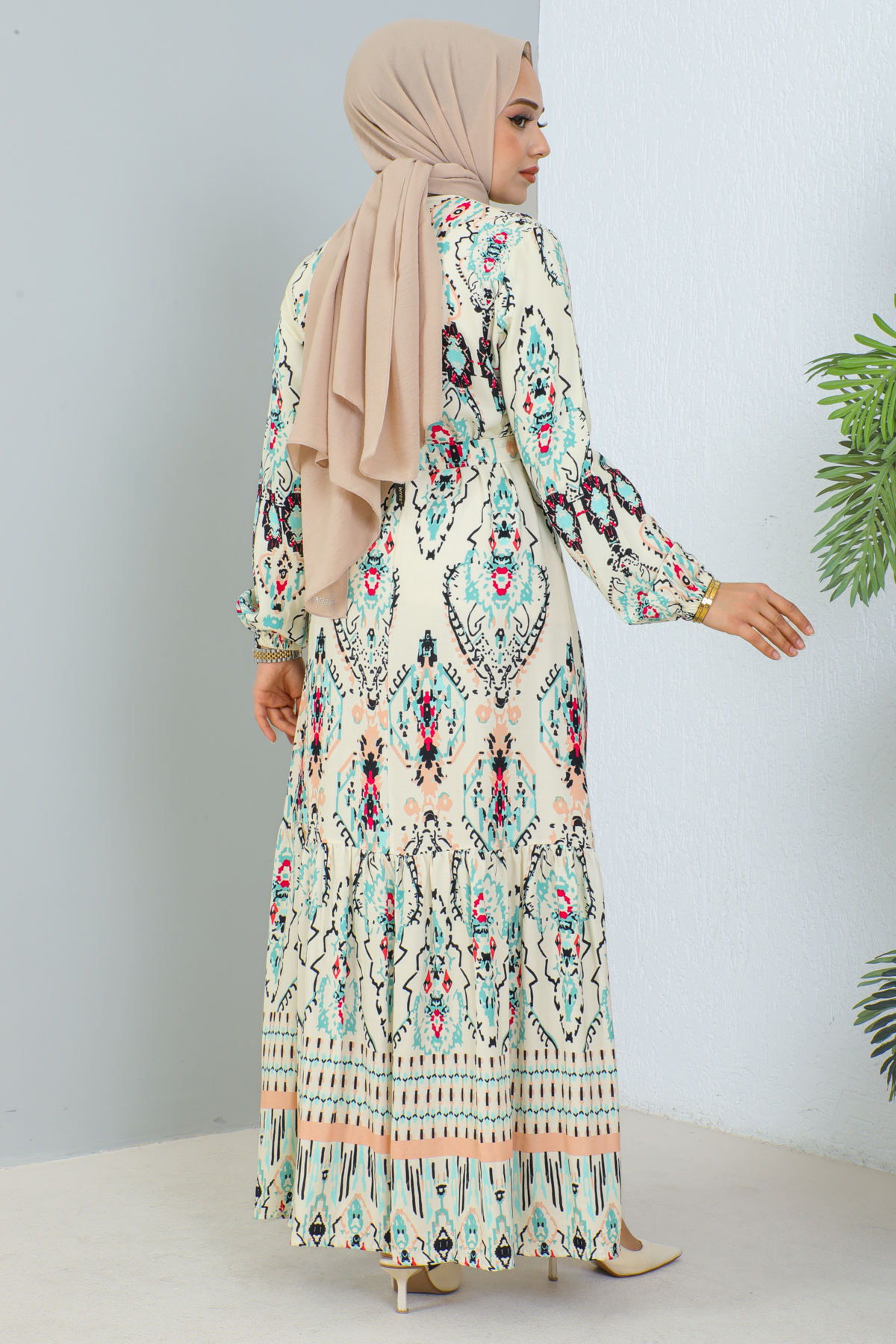Desenli Elbise Ekru 12009 Desenli Elbise Ekru 12009