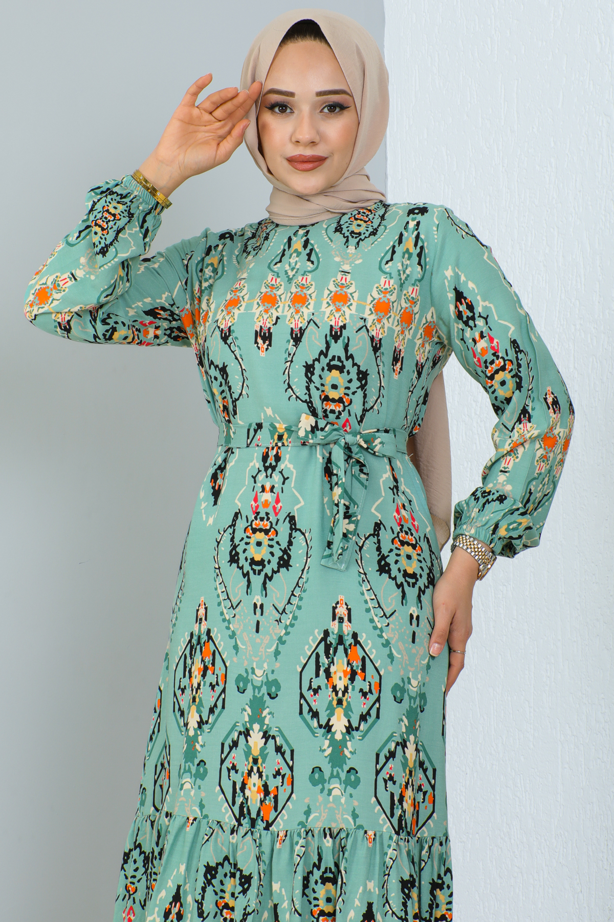 Desenli Elbise Mint Yeşili 12009 Desenli Elbise Mint Yeşili 12009