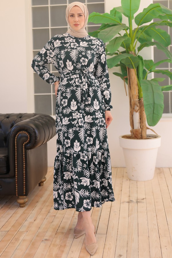  Çiçek Desenli Elbise Zümrüt Yeşili 2342