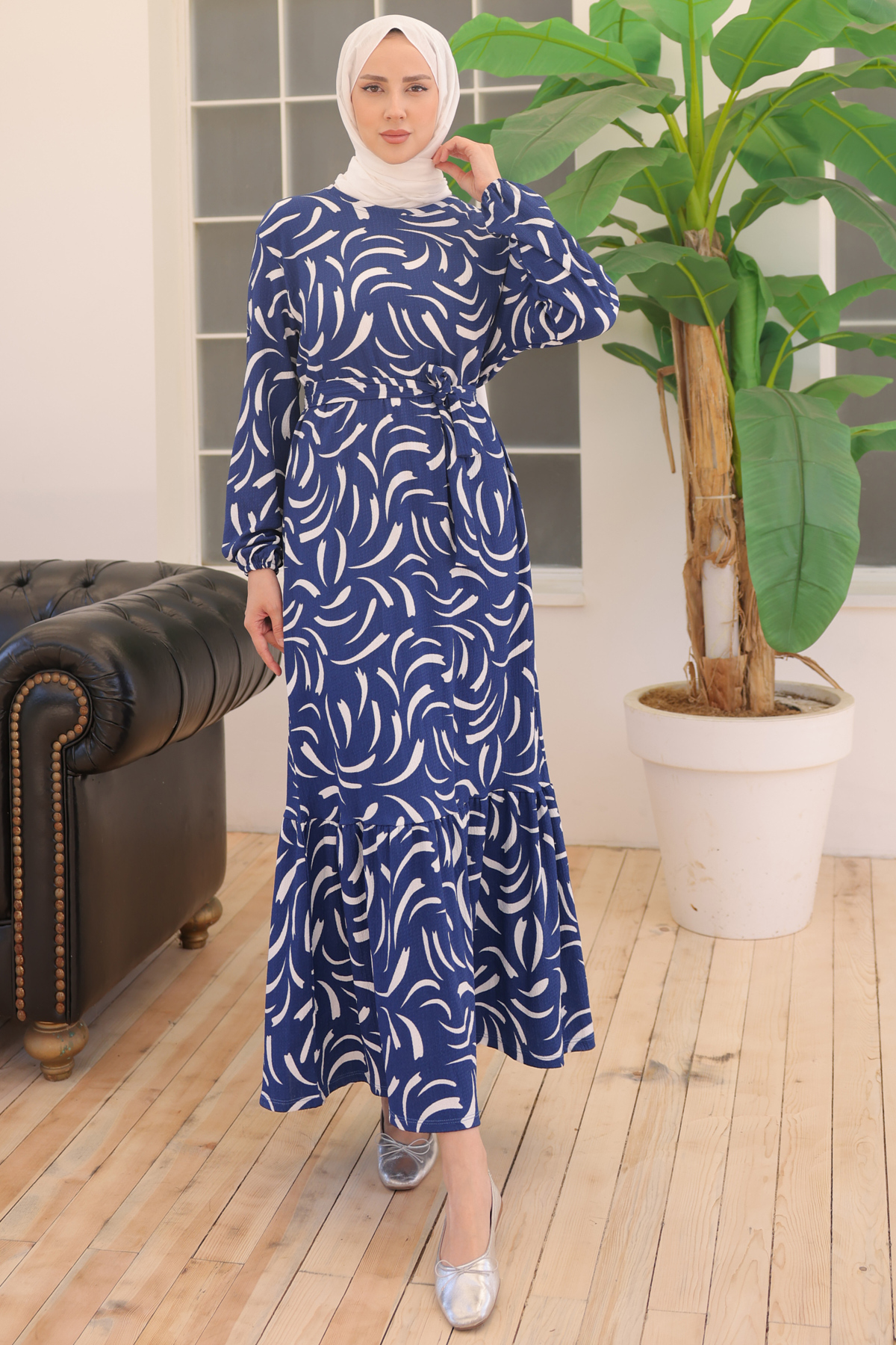  Desenli Elbise İndigo 2341