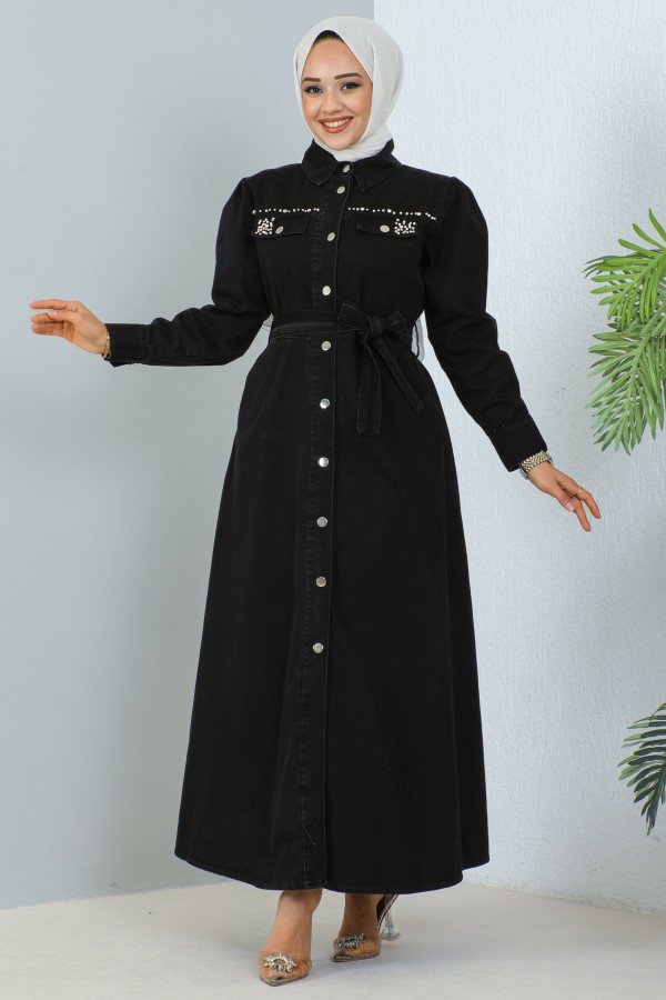 Cepleri Boncuk Detaylı Kot Elbise Siyah 6804 Cepleri Boncuk Detaylı Kot Elbise Siyah 6804