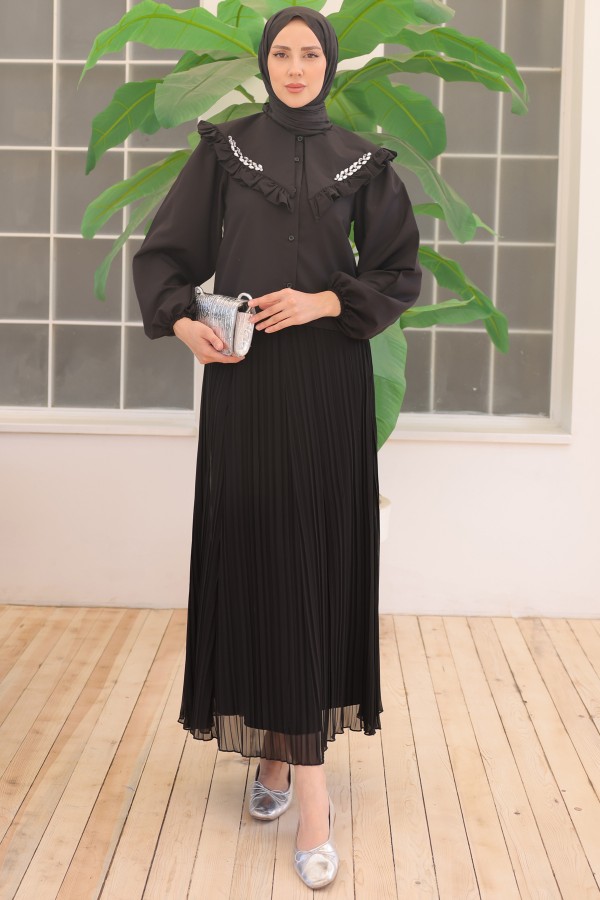  Yakası Taş Detaylı Kısa Gömlek Siyah 2070