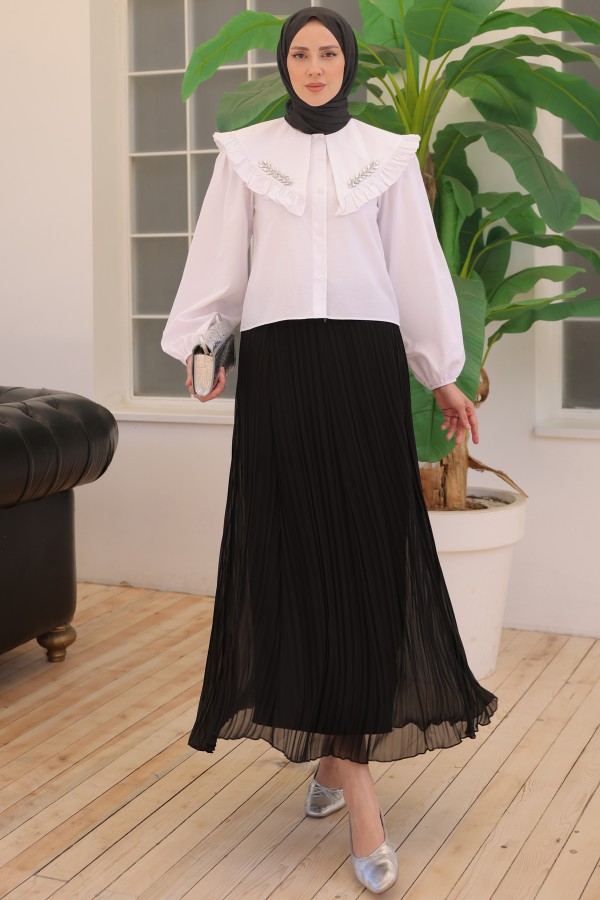  Yakası Taş Detaylı Kısa Gömlek Beyaz 2070