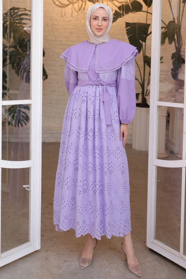 Yaka Detaylı Dantelli Elbise Lila 1421 Yaka Detaylı Dantelli Elbise Lila 1421