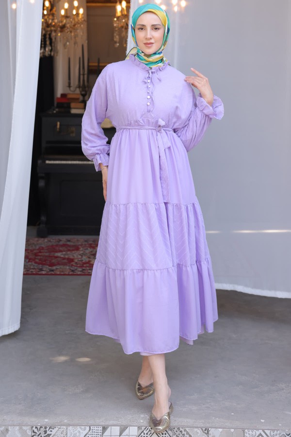  Önü Düğmeli Şifon Elbise Lila 1423