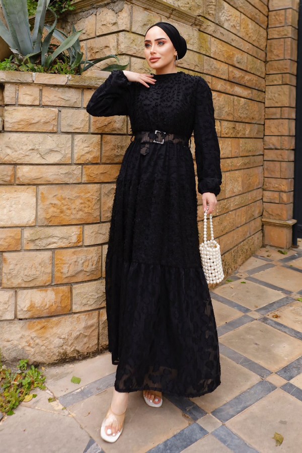 Kemerli Kesme Şifon Elbise Siyah 1389-1 Kemerli Kesme Şifon Elbise Siyah 1389-1