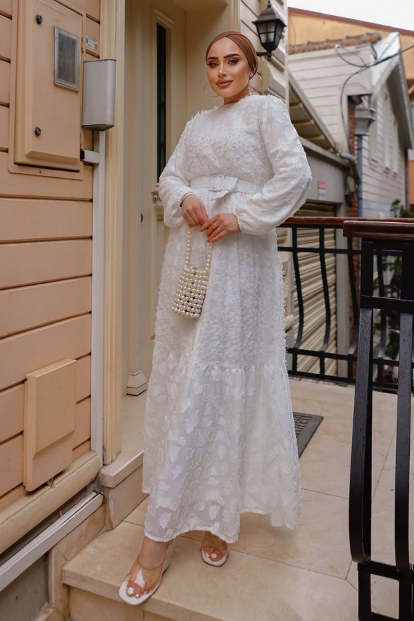 Kemerli Kesme Şifon Elbise Beyaz 1389-1 Kemerli Kesme Şifon Elbise Beyaz 1389-1