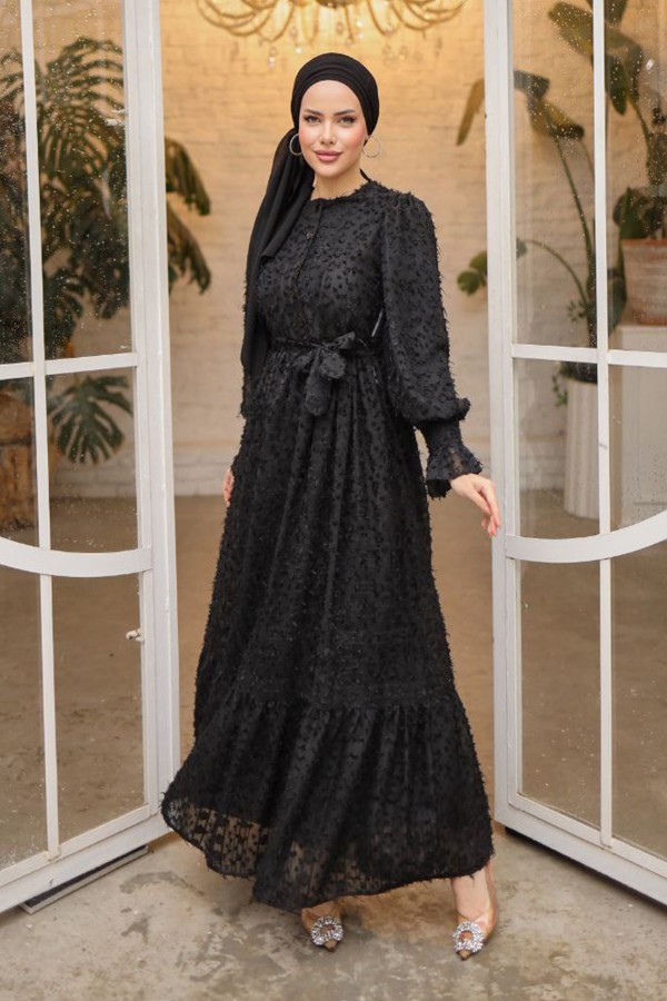 Önü Düğmeli Kesme Saçaklı Şifon Elbise Siyah 1409 Önü Düğmeli Kesme Saçaklı Şifon Elbise Siyah 1409