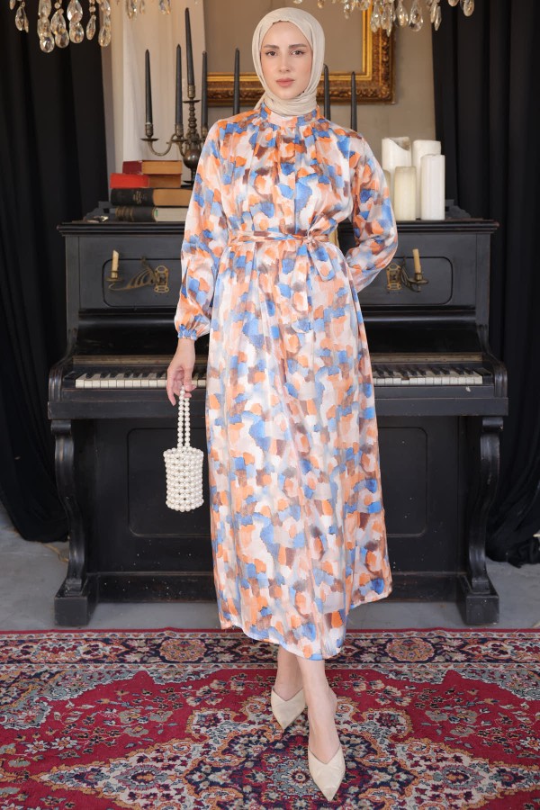  Desenli Tesettür Elbise Oranj 3989