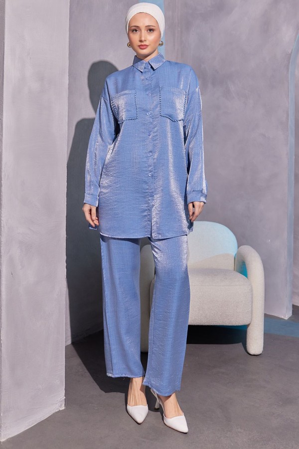 Cepleri Boncuk Detaylı İkili Takım Mavi 3985 Cepleri Boncuk Detaylı İkili Takım Mavi 3985