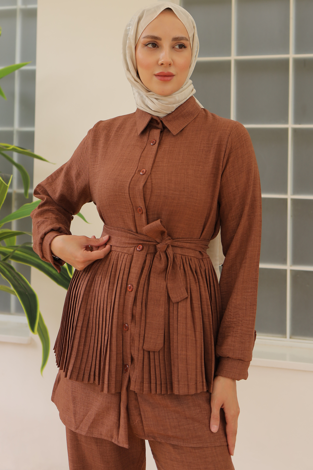 Plise Detaylı İkili Takım Taba 3944 Plise Detaylı İkili Takım Taba 3944