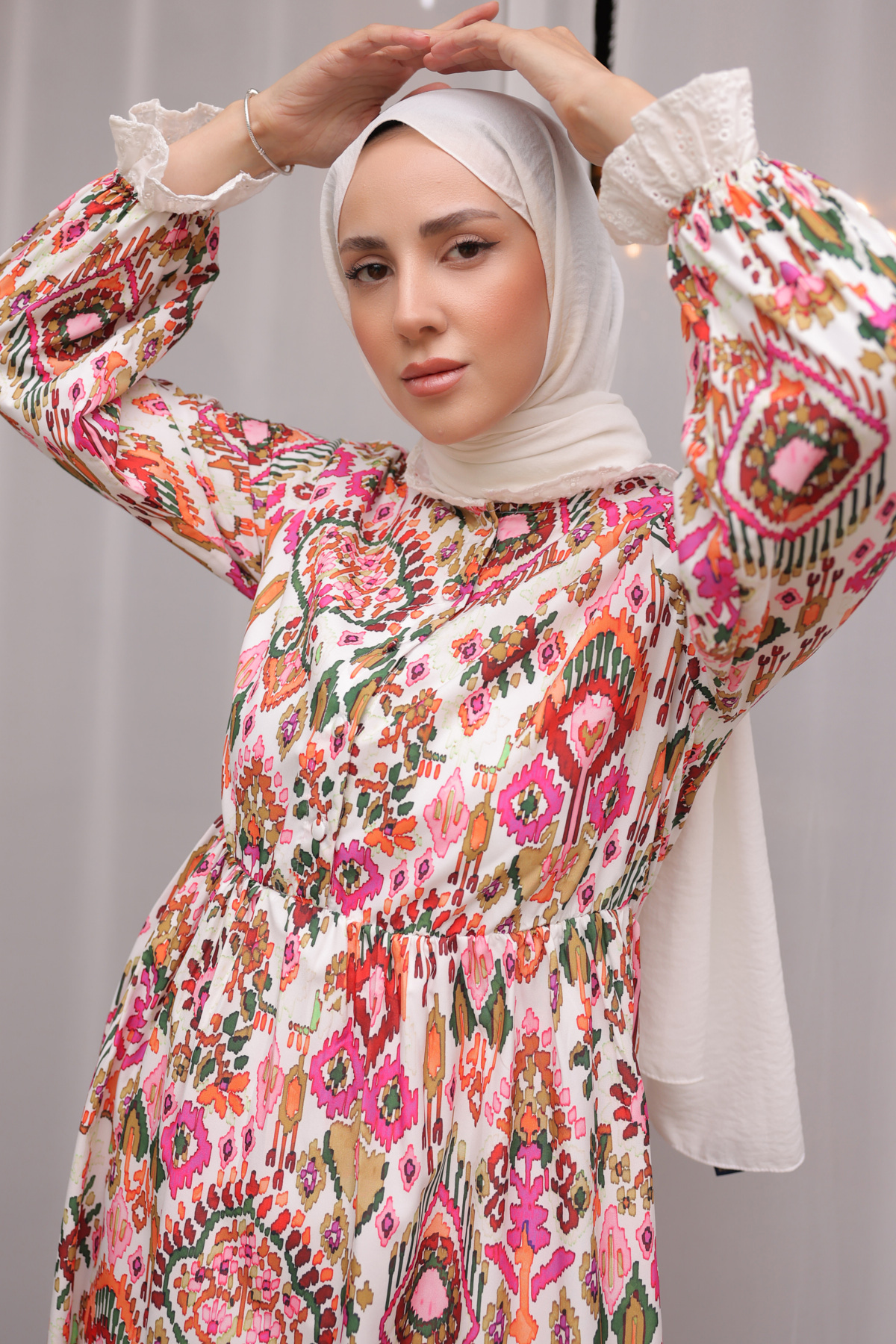  Dantel Detaylı Desenli Elbise 13001 Pembe