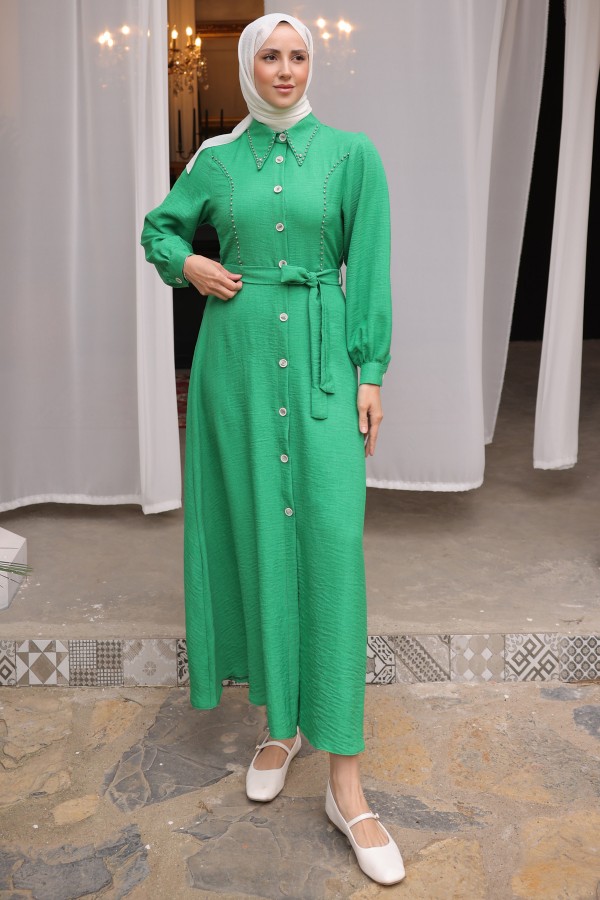 Boncuk Detaylı Elbise Zümrüt Yeşili 6809 Boncuk Detaylı Elbise Zümrüt Yeşili 6809