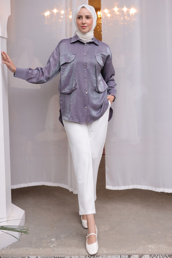  Büyük Cep Detaylı Gömlek Mor 2081