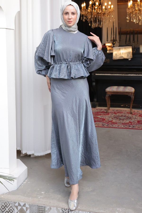 Beli Büzgülü Etekli Takım Gri 2096 Beli Büzgülü Etekli Takım Gri 2096