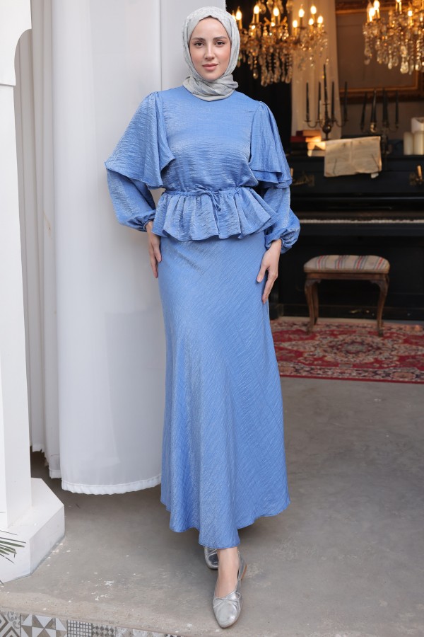 Beli Büzgülü Etekli Takım İndigo 2096 Beli Büzgülü Etekli Takım İndigo 2096