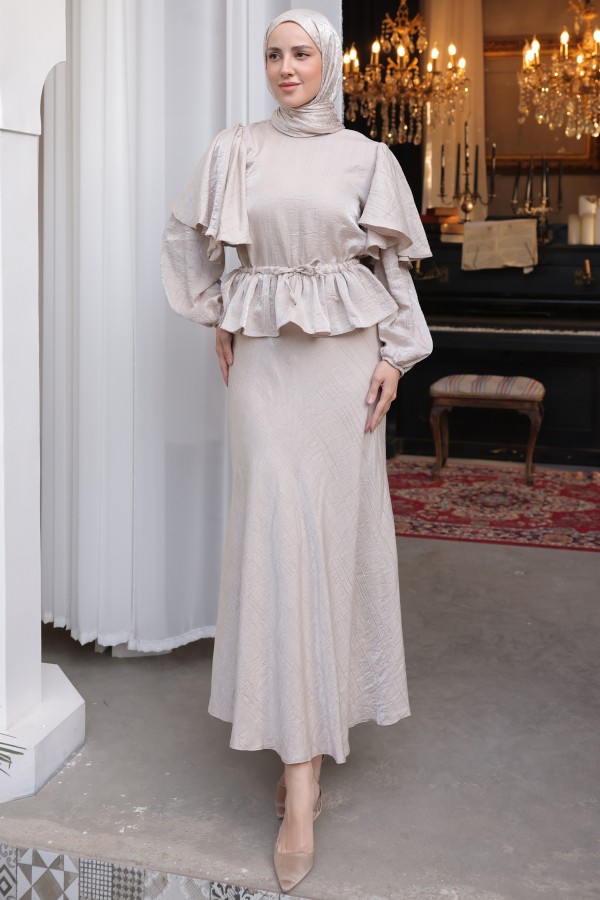  Beli Büzgülü Etekli Takım Taş Rengi 2096