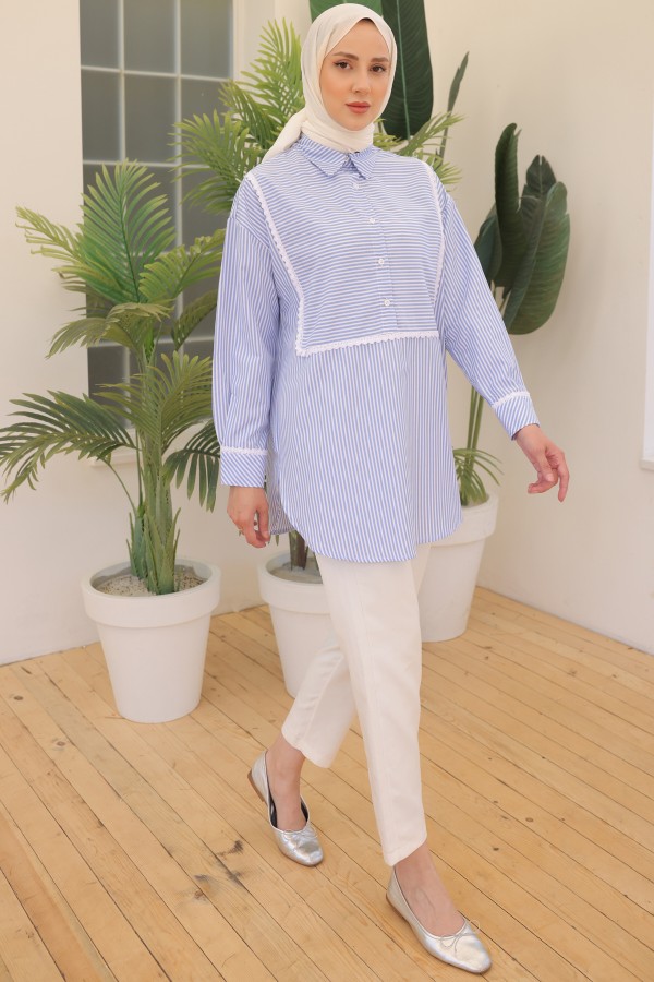 Dantel Detaylı Çizgili Salaş Gömlek Mavi 2101 Dantel Detaylı Çizgili Salaş Gömlek Mavi 2101