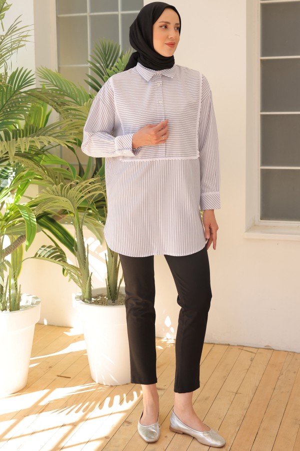 Dantel Detaylı Çizgili Salaş Gömlek Beyaz 2101 Dantel Detaylı Çizgili Salaş Gömlek Beyaz 2101