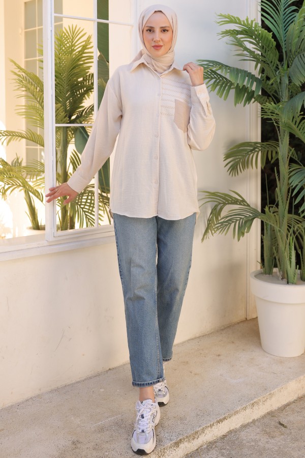 Nakış Detaylı Cepli Gömlek Bej 2061 Nakış Detaylı Cepli Gömlek Bej 2061